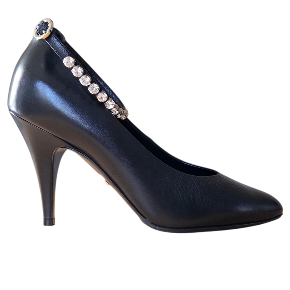 GUCCI Crystal Ankle Strap Leather Pumps Heels Black 37 Style # 590988